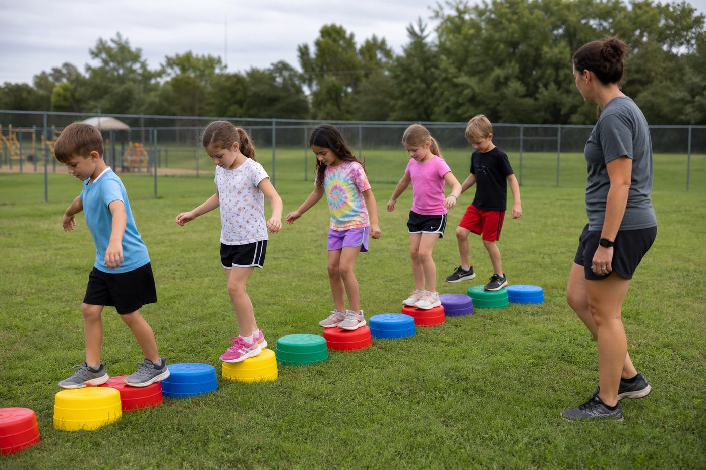 Children using stepping stones in a group activity