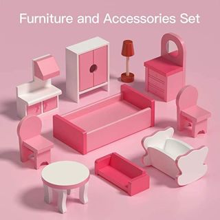 Wooden House Cottage DIY Building Pretend Play Furniture Set