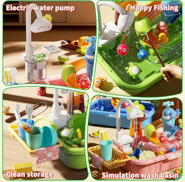 TW294663 3-in-1 Plastic Toddler Kitchen Pretend Play Sink with Runnin