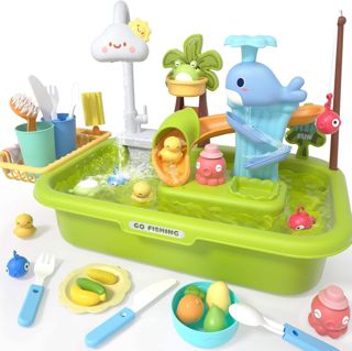 3-in-1 Plastic Toddler Kitchen Sink with Running Water and Fishing